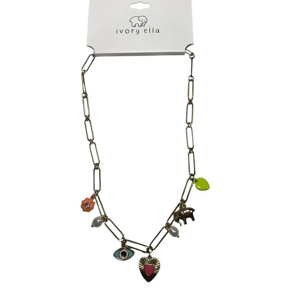 Ivory Ella Charm Necklace Gold Link with Hearts, Elephant, Evil Eye NWT